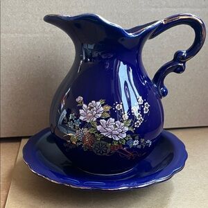 Cobalt Blue Floral Porcelain Pitcher and Saucer